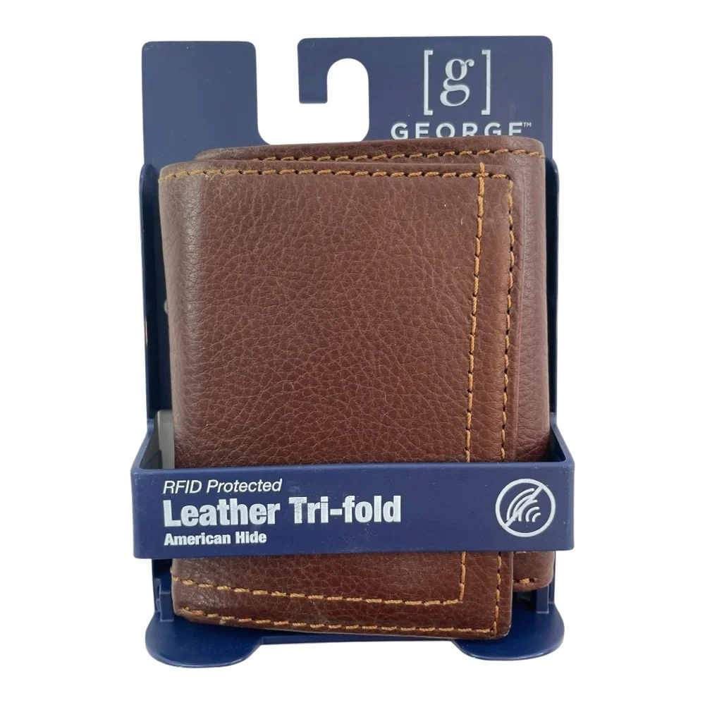George Flip ID Men's Crunch Trifold Leather RFID Wallet Brown Very Nice NWT